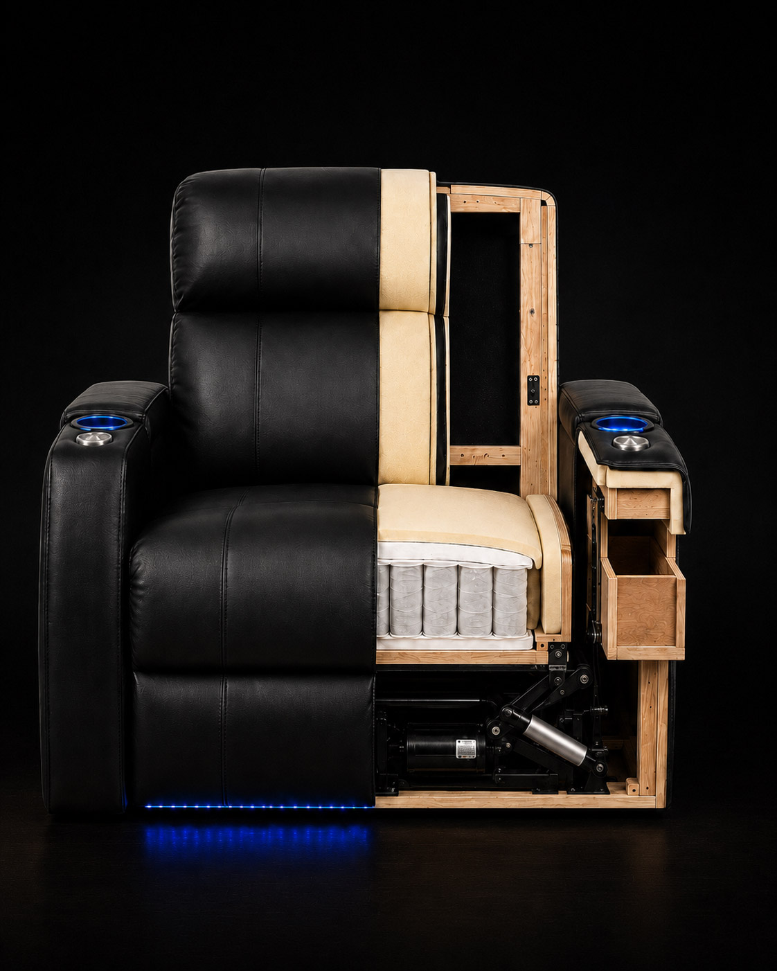 HT Design Warwick premium seat construction cutaway showing hardwood frame pocket coils cushioning reclining mechanism and power actuator