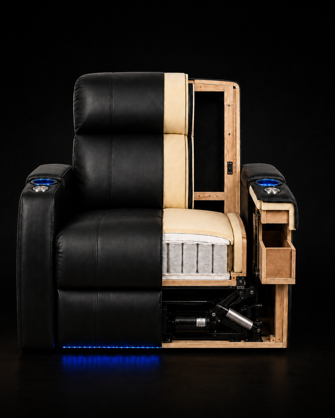 HT Design Warwick premium seat construction cutaway showing hardwood frame pocket coils cushioning reclining mechanism and power actuator