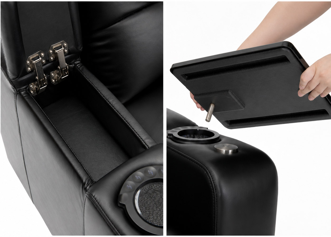 HT Design Warwick hidden storage arm and included tray table