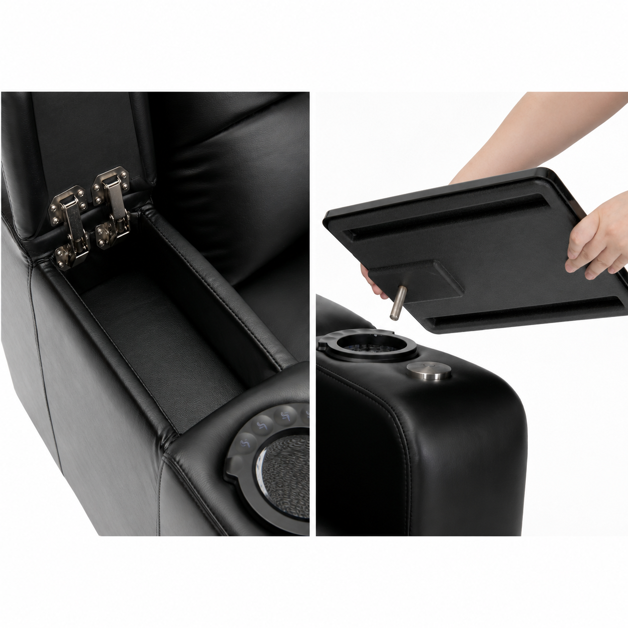 HT Design Warwick hidden storage arm and included tray table