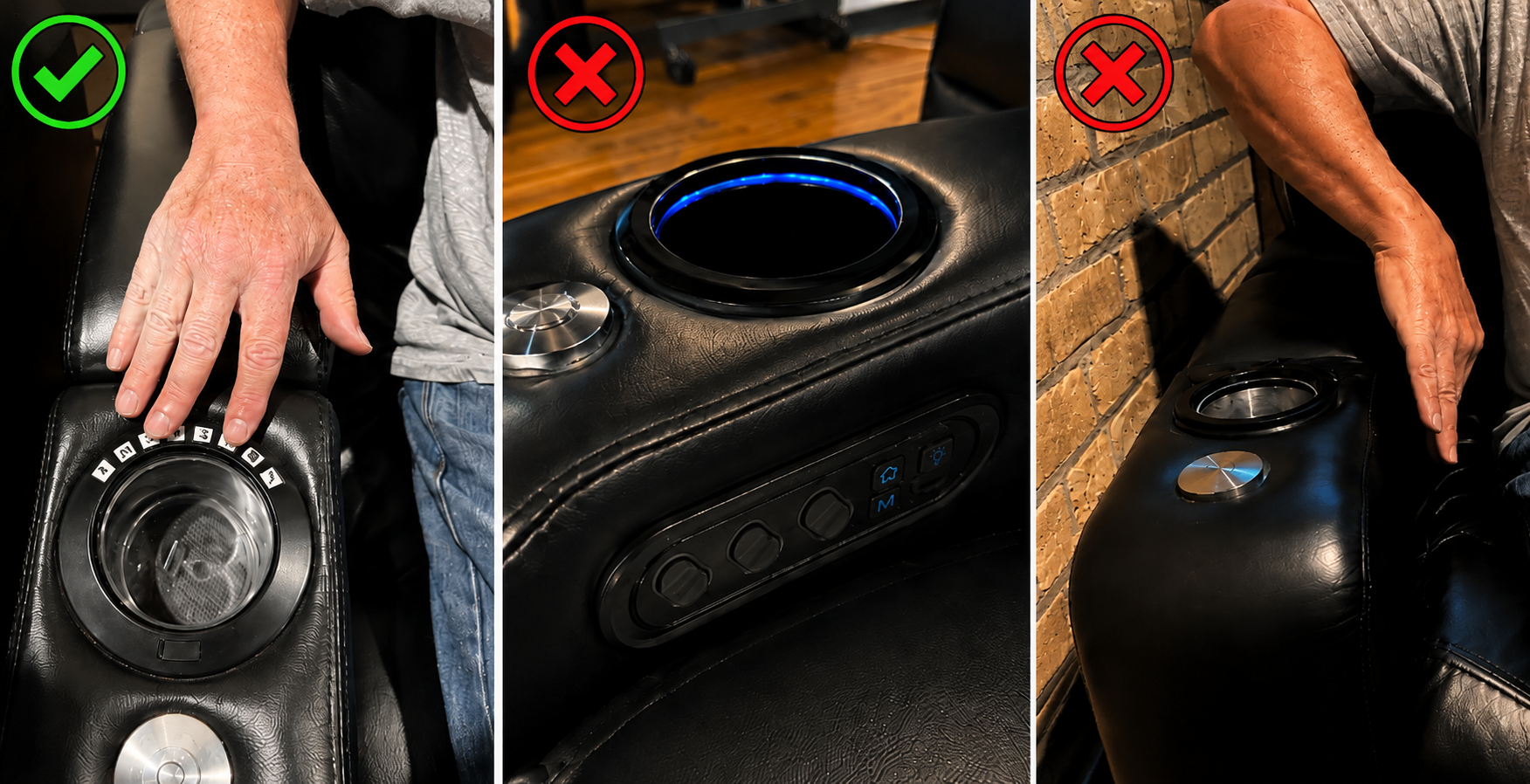 HT Design Waveland Relax top-mounted LED cupholder controls compared with typical side-mounted theater seating controls