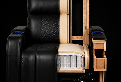 HT Design Waveland premium seat construction cutaway showing hardwood frame pocket coils cushioning reclining mechanism and power actuator