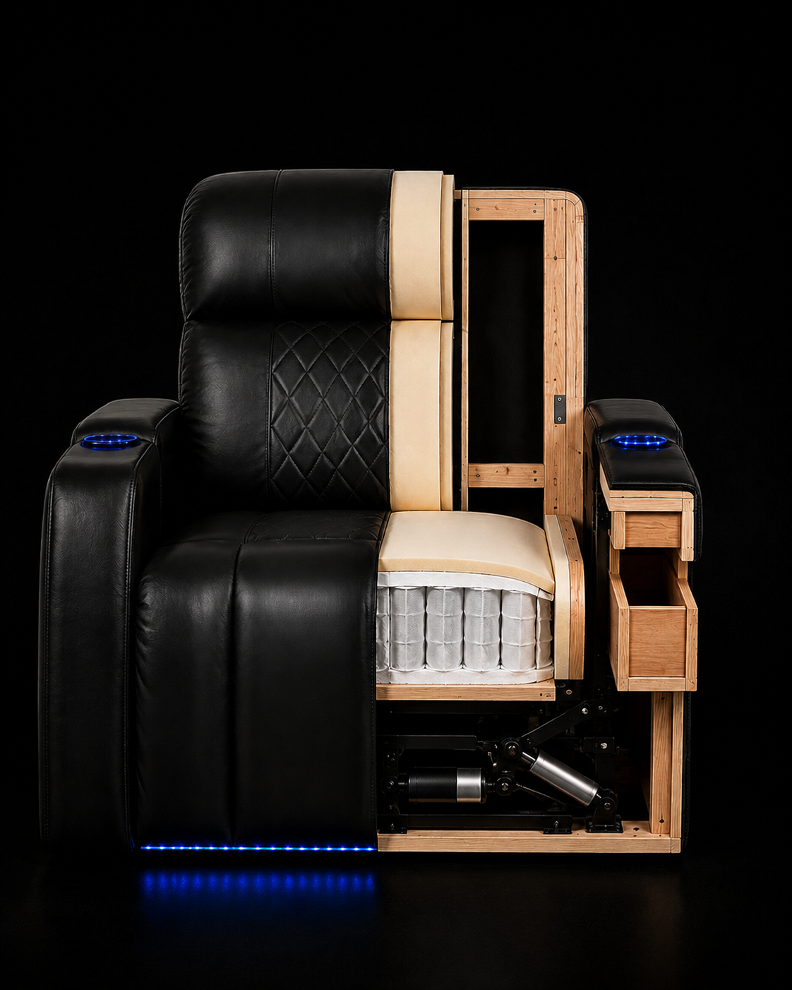 HT Design Waveland premium seat construction cutaway showing hardwood frame pocket coils cushioning reclining mechanism and power actuator