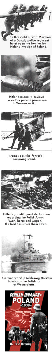 Reel of photos from the Nazi invasion of Poland, including Hitler, soldiers, and ruble from destroyed Polish towns.