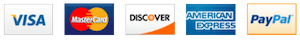 We Accept Visa, Mastercard, American Express, Discover, and PayPal