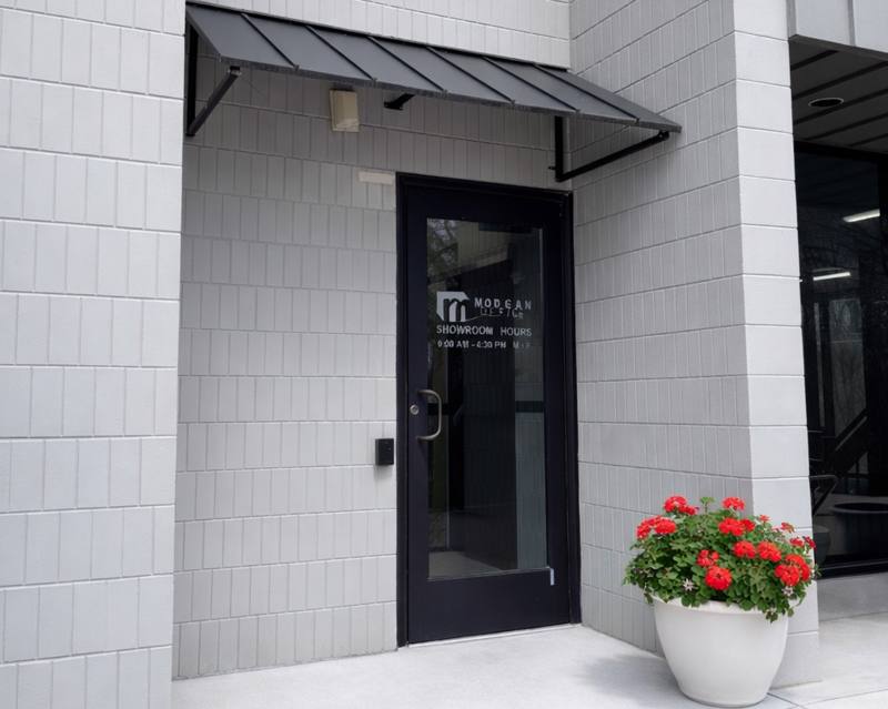 Showroom entrance door with posted showroom hours
