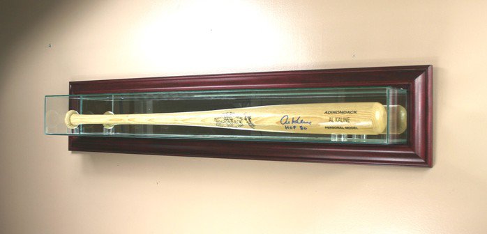Baseball bat in hanging display case