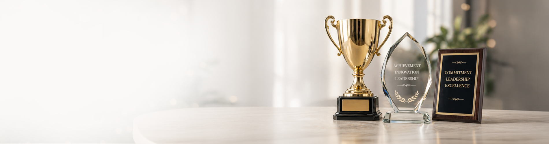 Trophies, awards and plaques including a gold trophy cup, crystal award and wood plaque with engraving