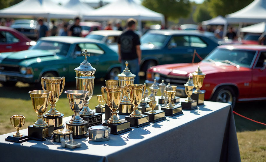 car show trophies on display table