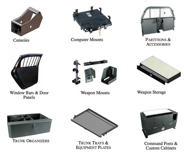 Troy Products - Consoles, Computer Mounts, Partitions & Accessories, Window Bars & Door Panels, Weapon Mounts, Weapon Storage, Trunk Organizers, Trunk Trays & Equipment Plates, Command Posts & Custom Cabinets