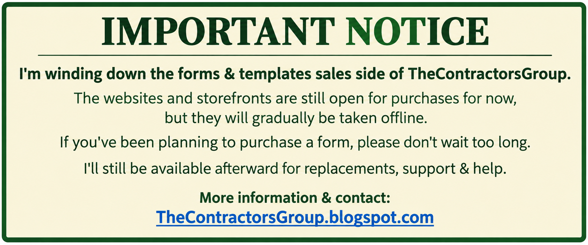 Important notice about The Contractors Group forms and templates sales winding down