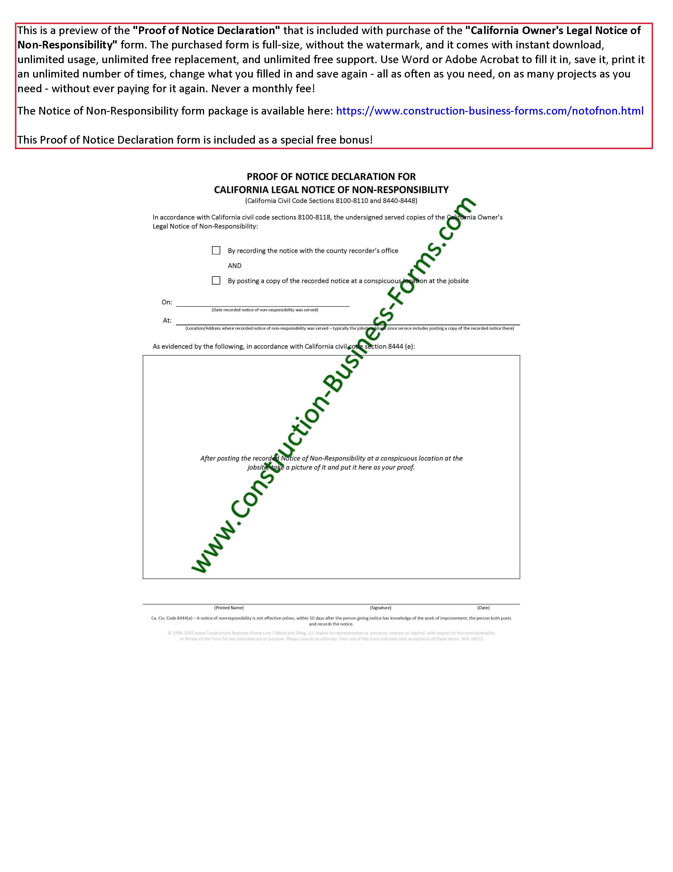 California Notice of Non-Responsibility Proof of Service Declaration Form