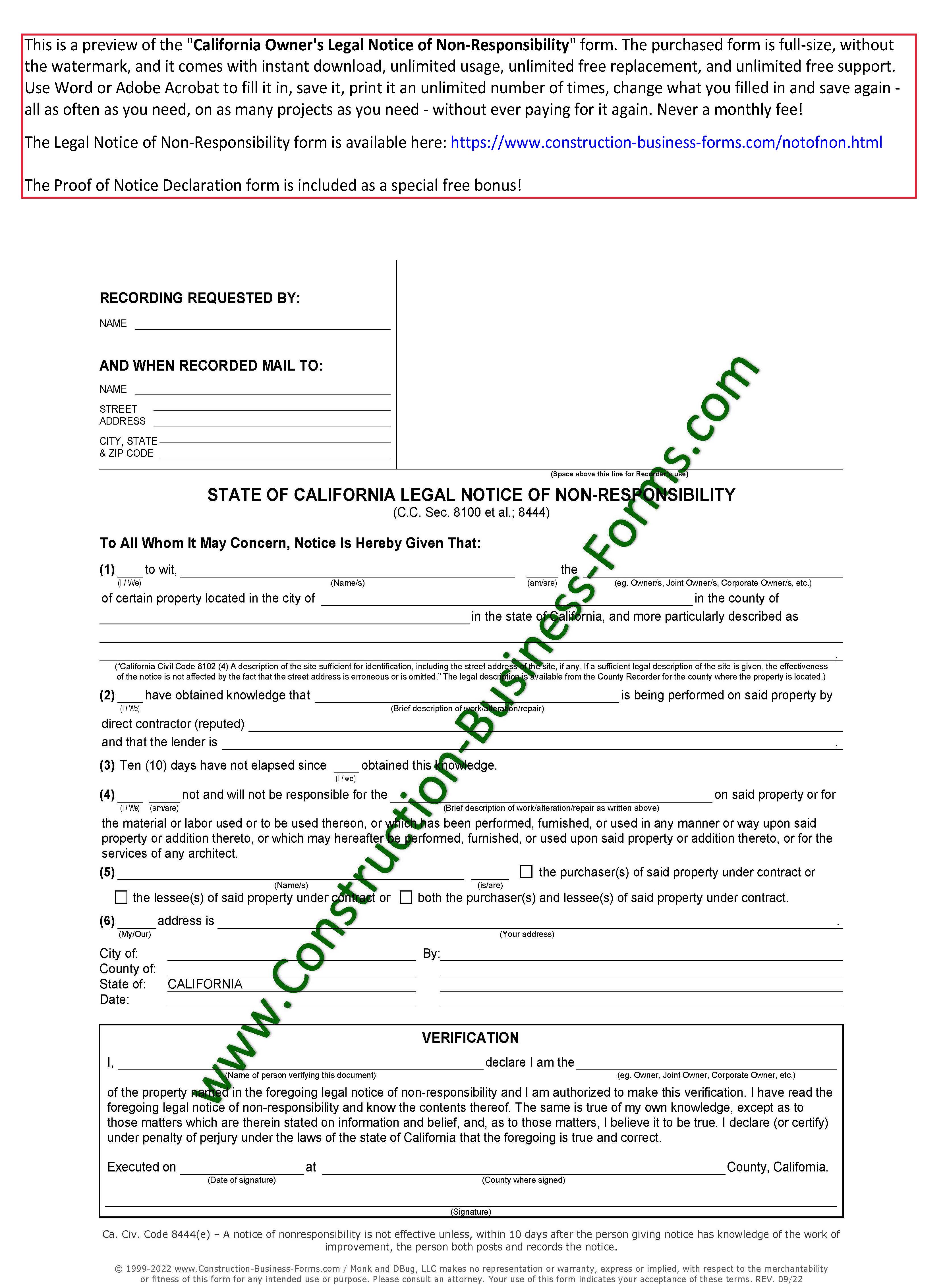 California Notice of Non-Responsibility Form
