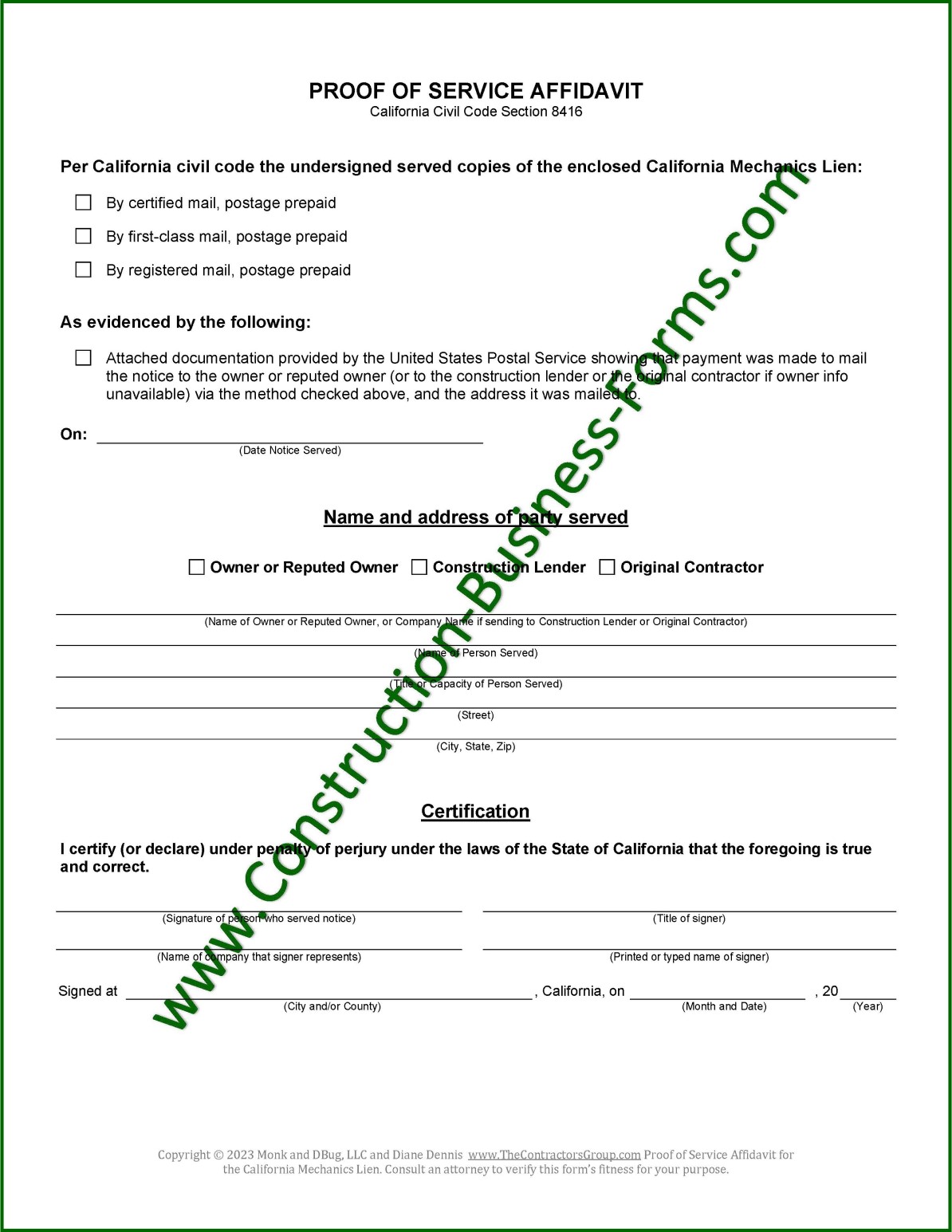 Image of Proof of Service Affidavit Form for California Mechanic's Lien