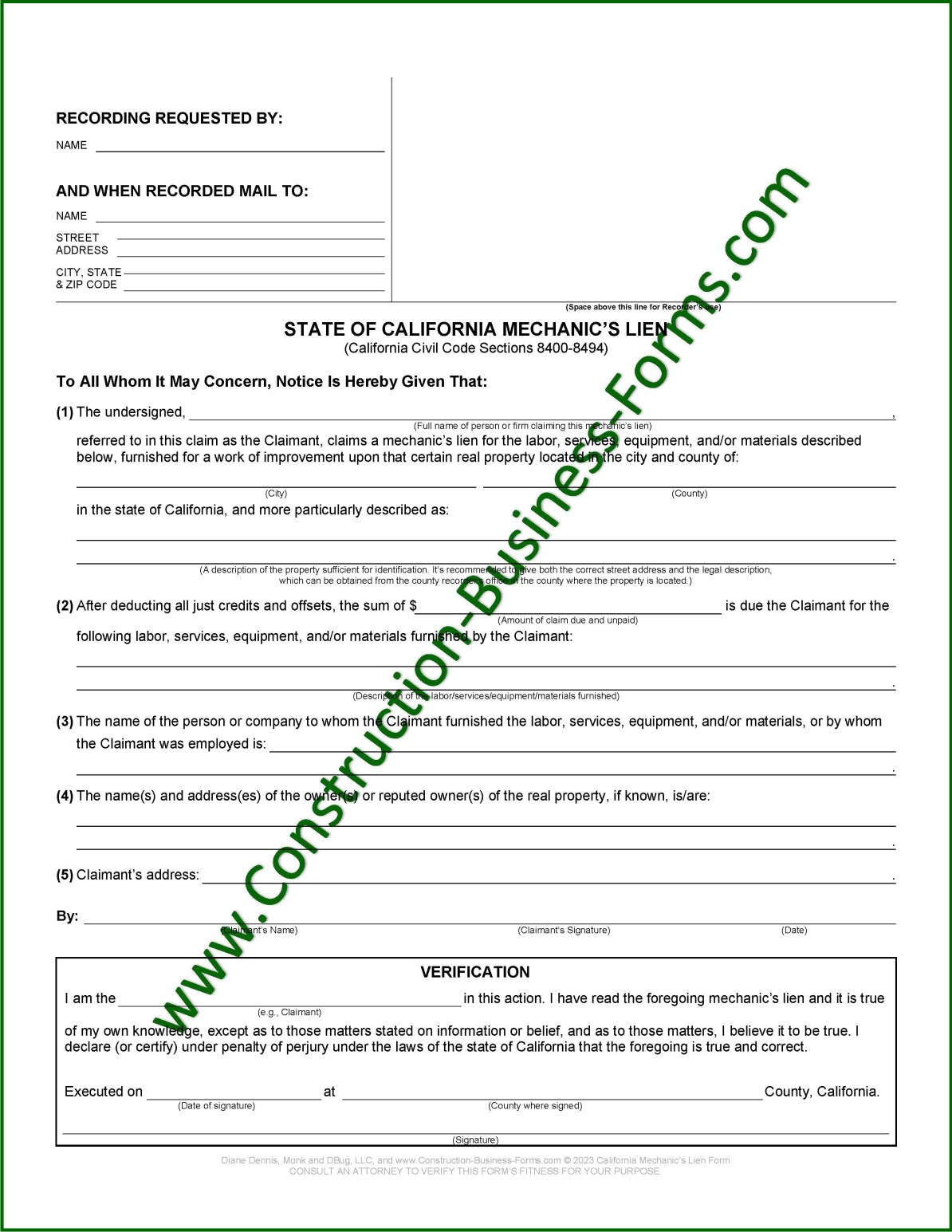 Image of California Mechanic's Lien form