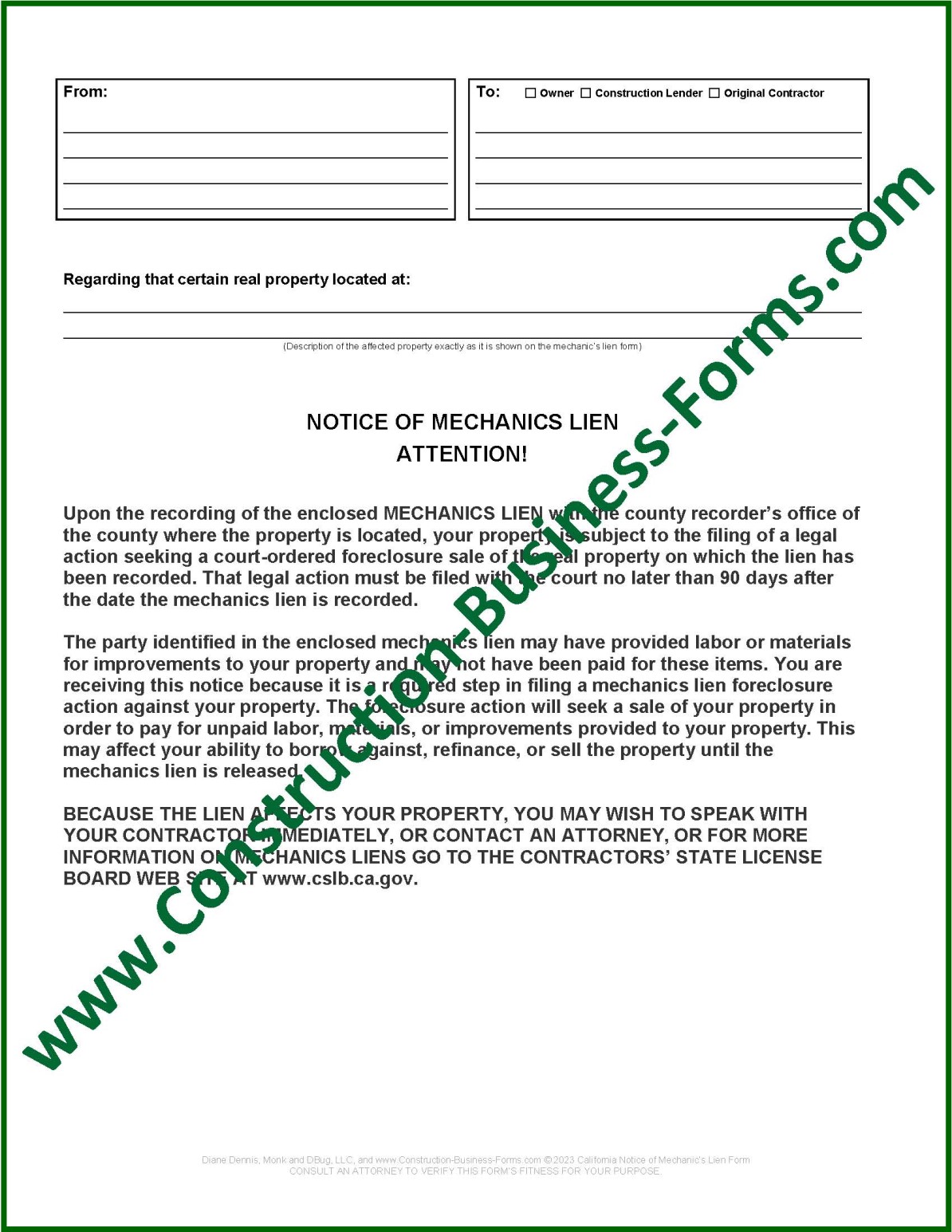 Image of California Notice of Mechanic's Lien Form