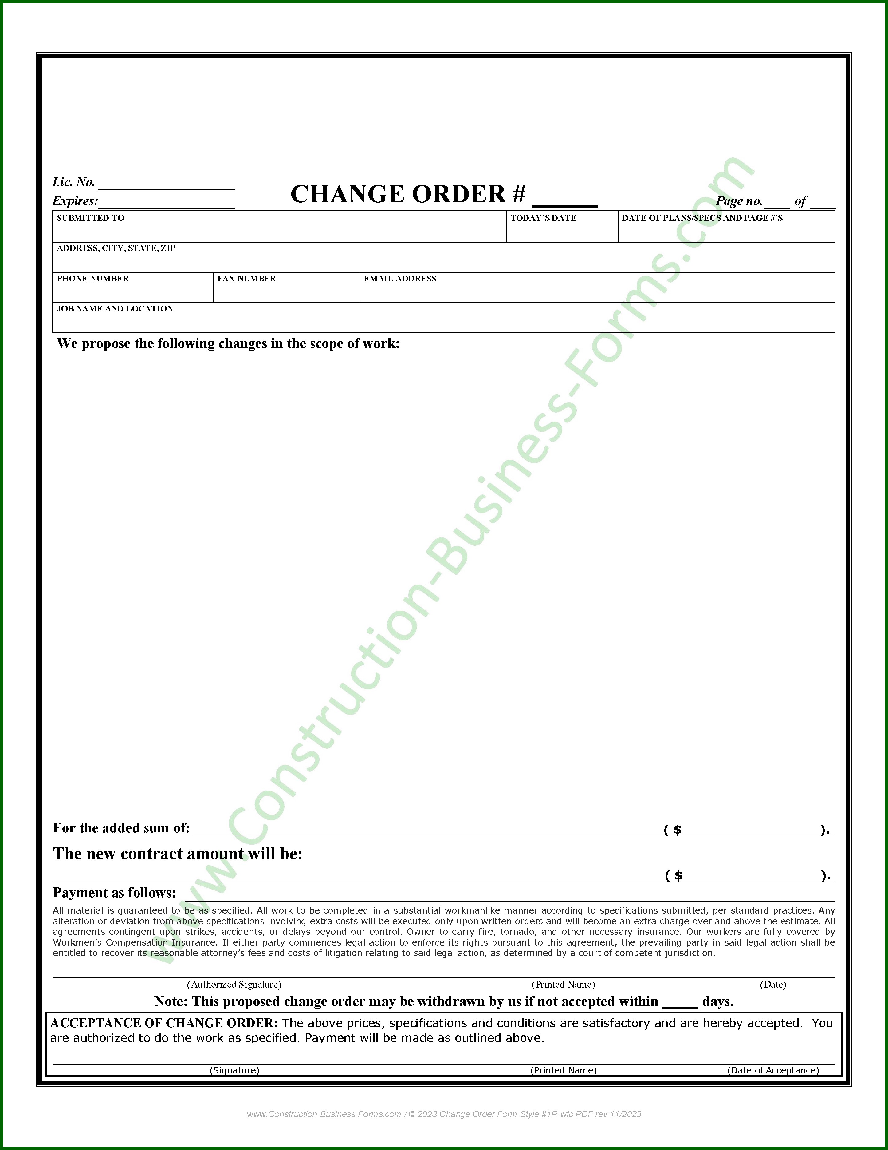 Builder's Documents: Construction Change Order Forms