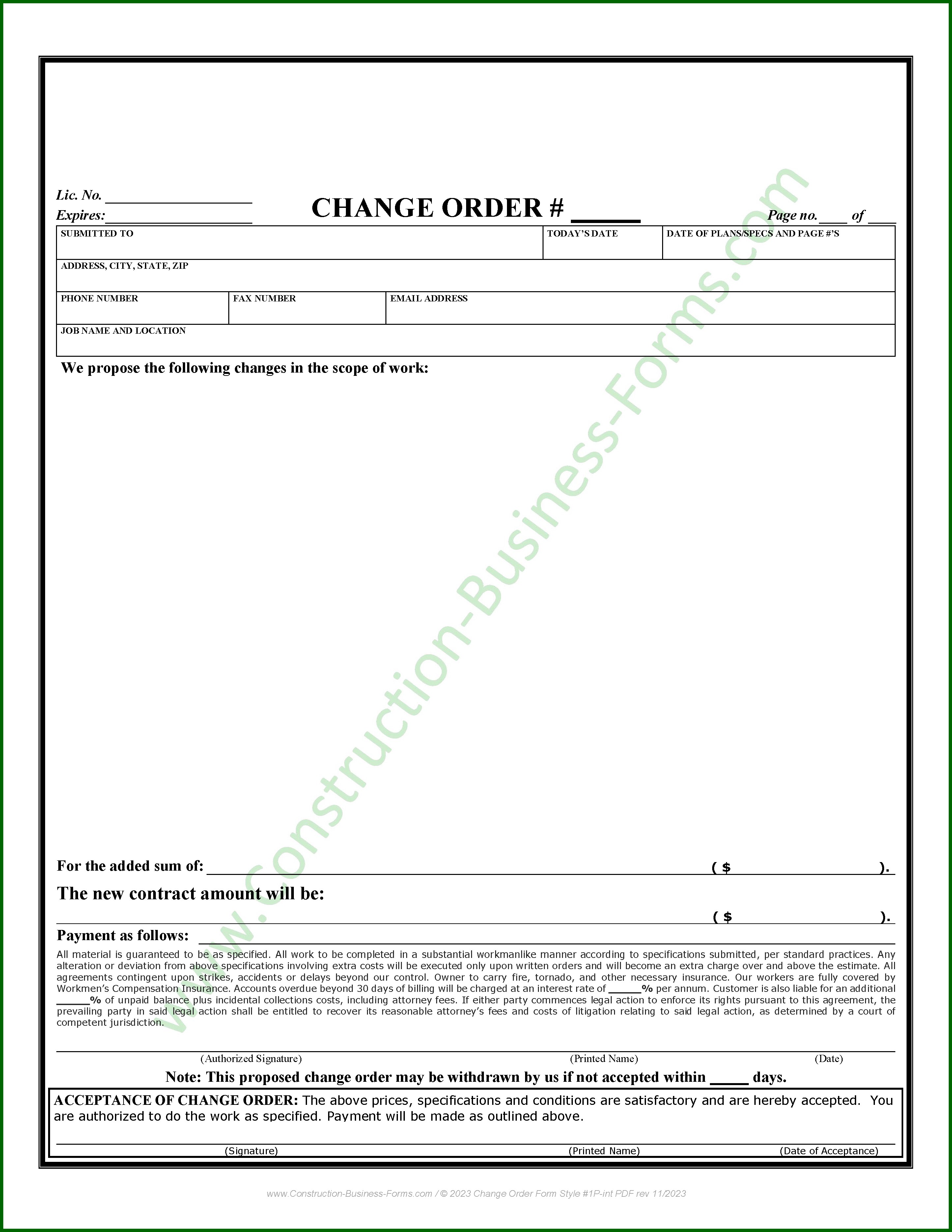Construction Change Order Form
