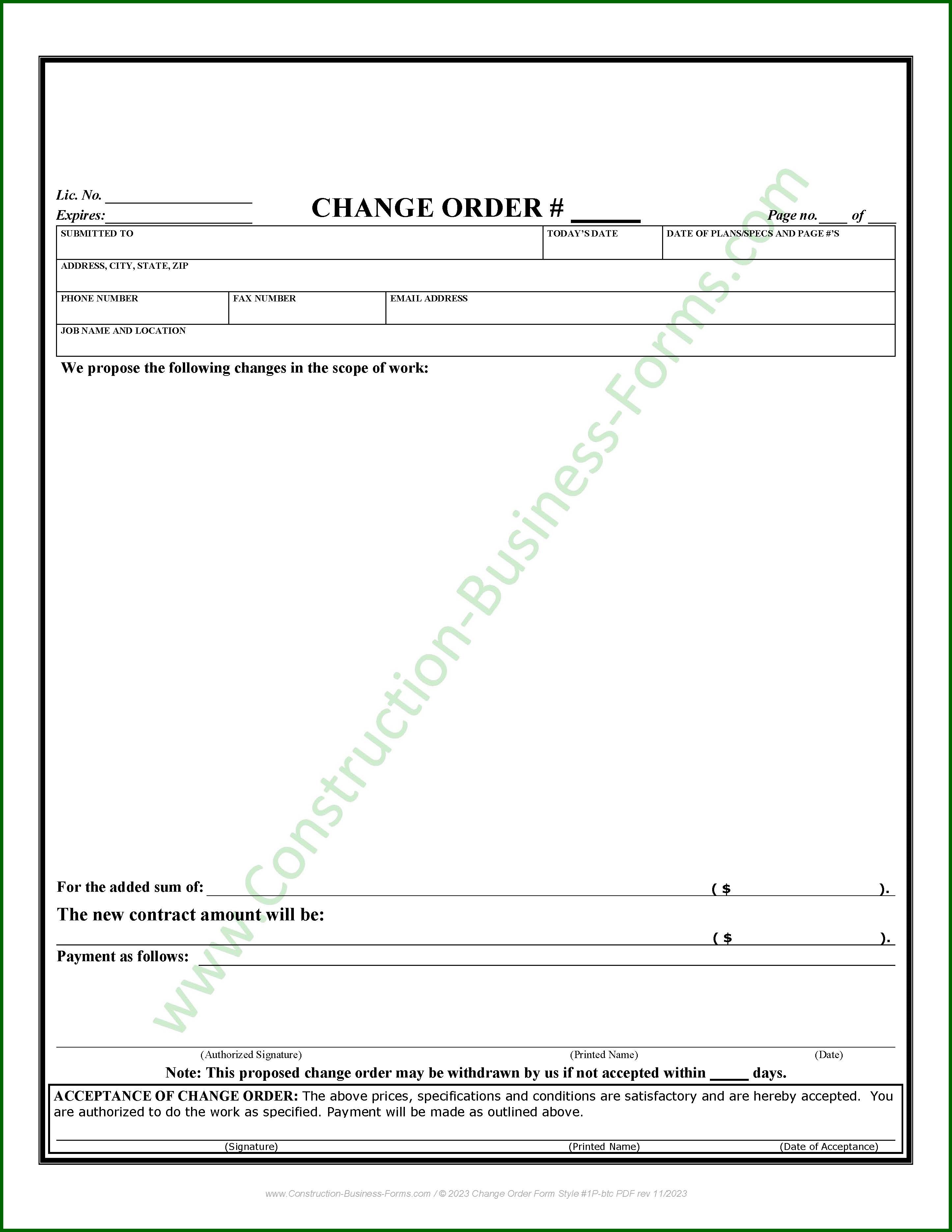 Construction Change Order Form