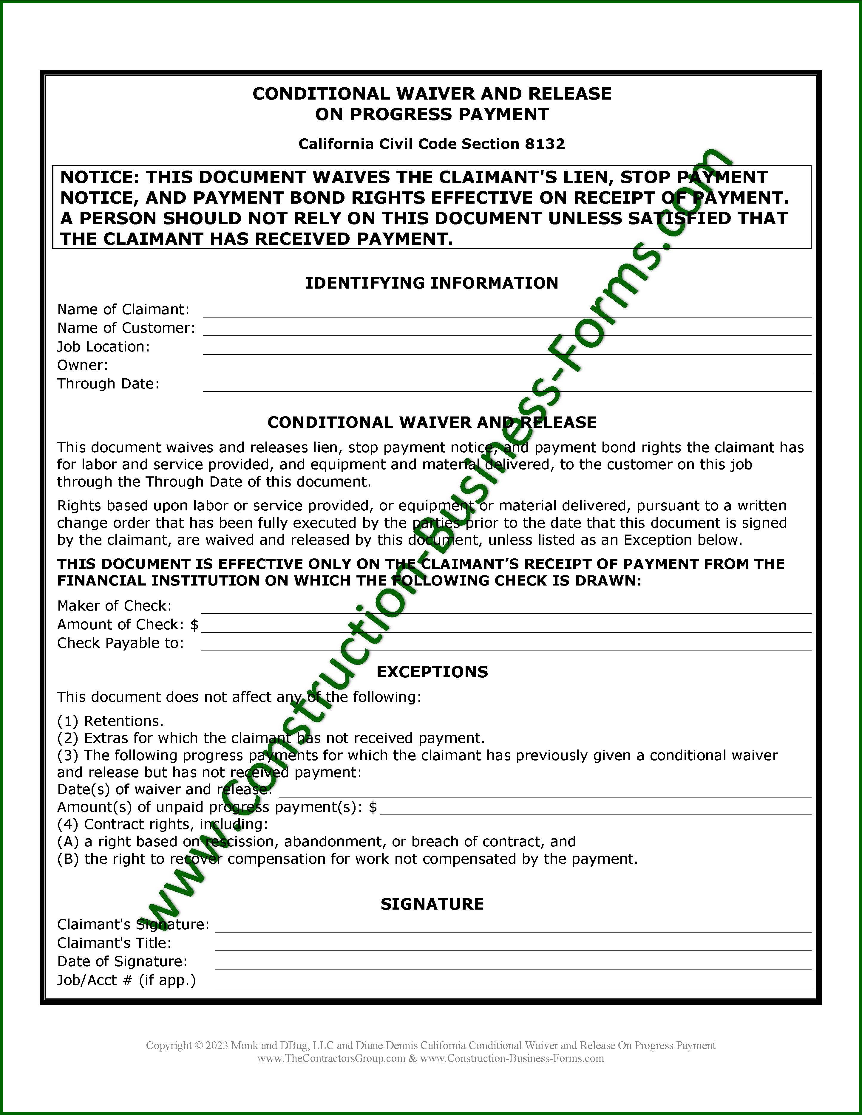 Image of Conditional Lien Waiver Release On Progress Payment form for California