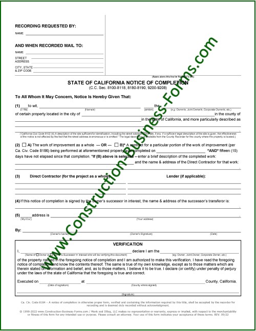 California Notice of Completion Form Page 1