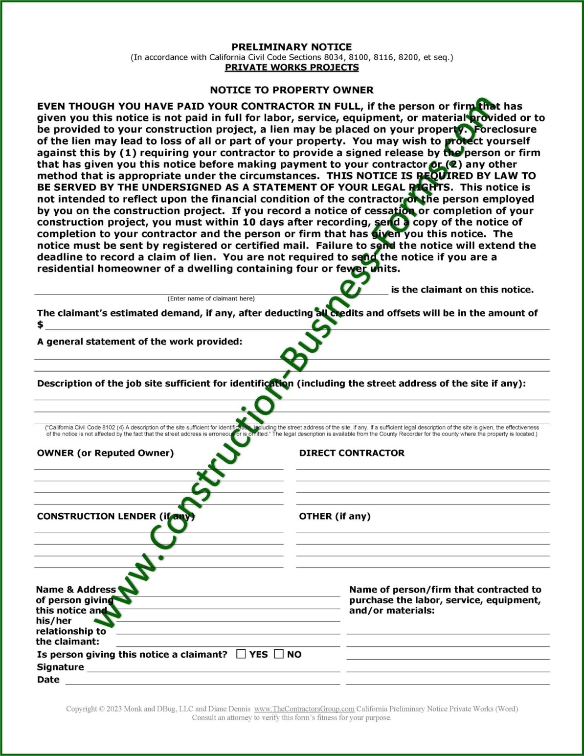 Image of California Preliminary Notice for Private Works Projects form