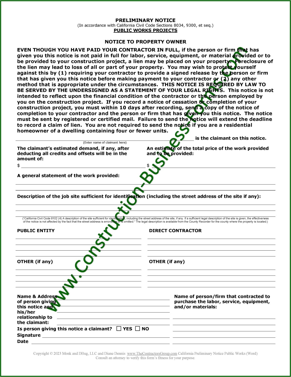 California Preliminary Notice for Public Works Projects form Image of California Preliminary Notice for Public Works Projects form