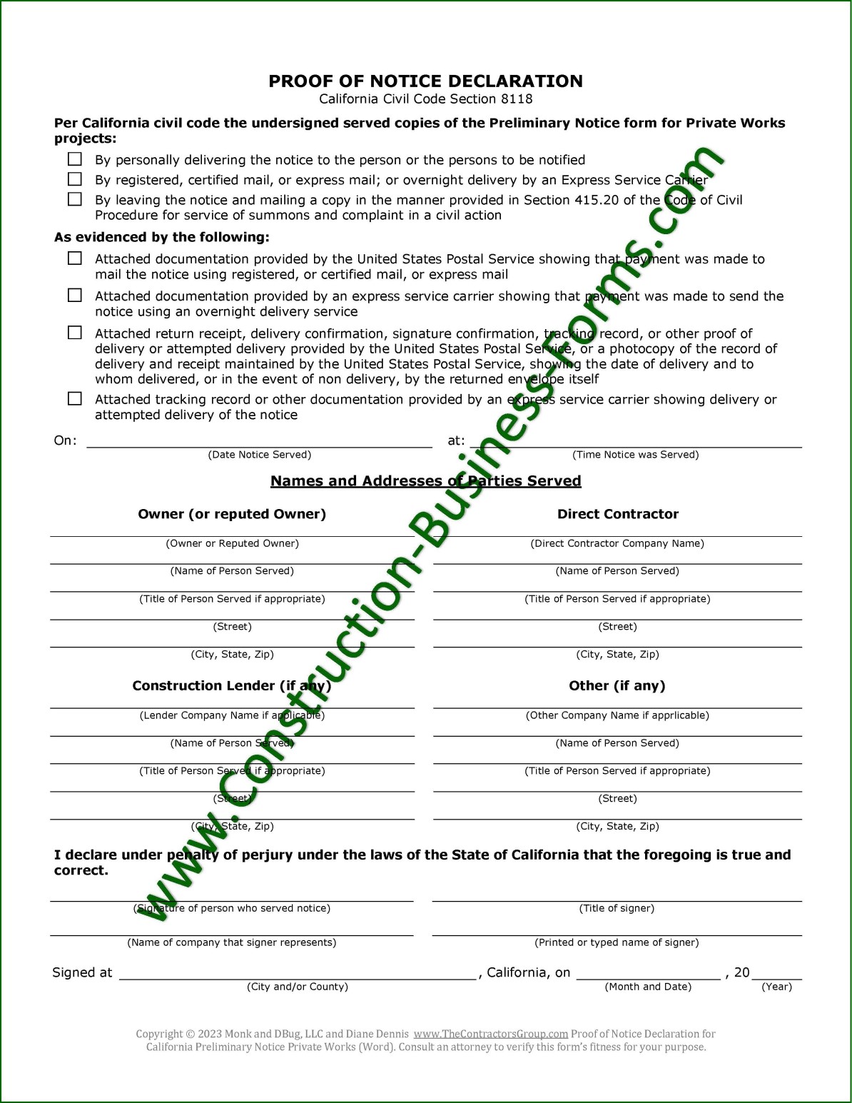 Proof of Notice Declaration form for Private Works Projects Image and pdf preview of Proof of Notice Declaration form for Private Works Projects