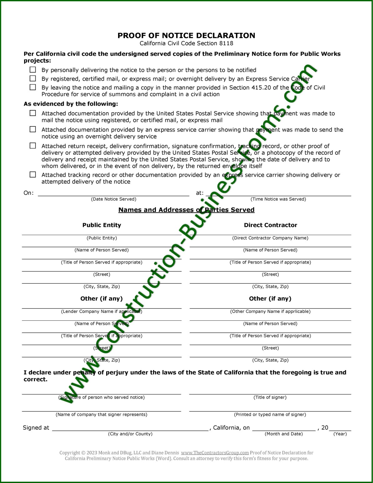 Proof of Notice Declaration form for Public Works Projects Image of Proof of Notice Declaration form for Public Works Projects