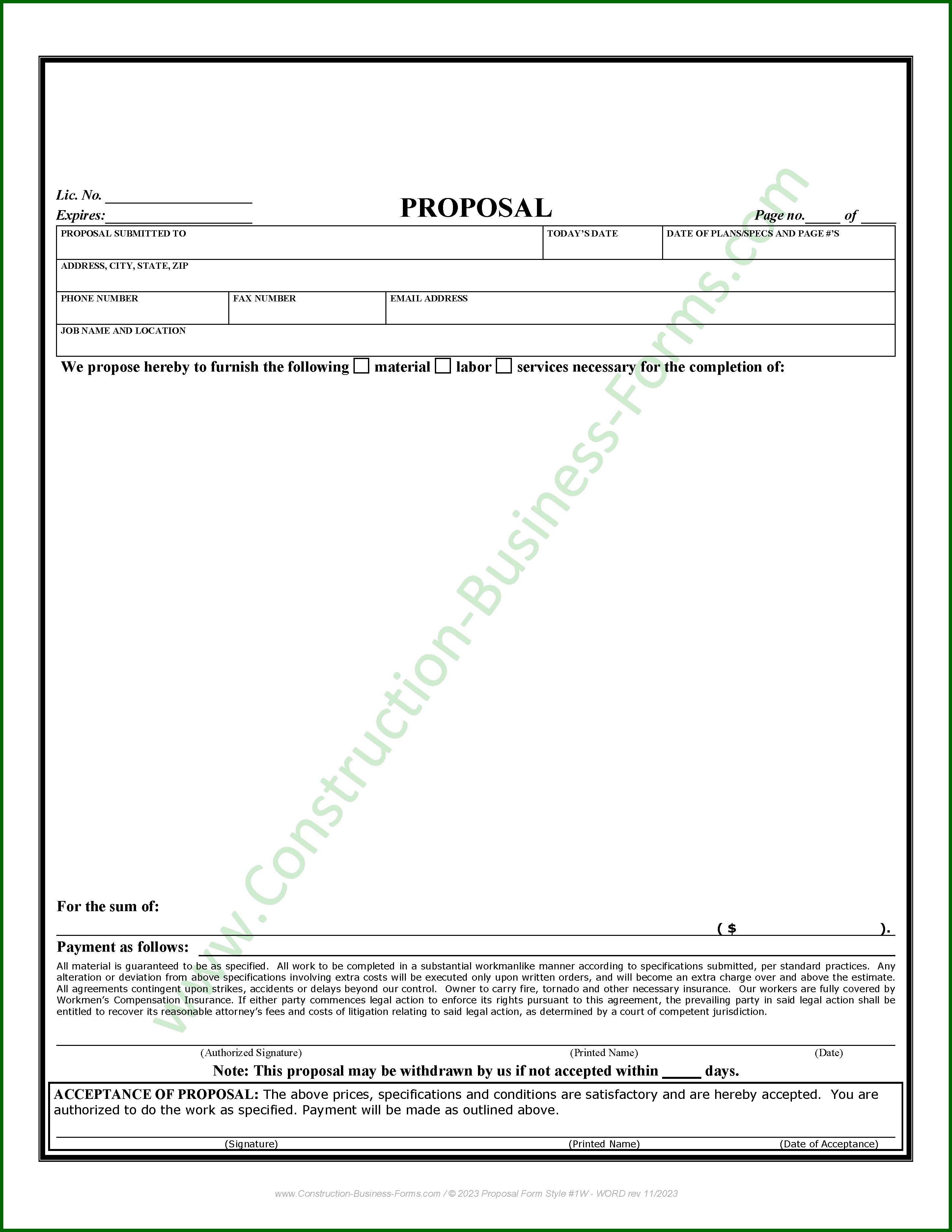 Construction Proposal Form Bid Form