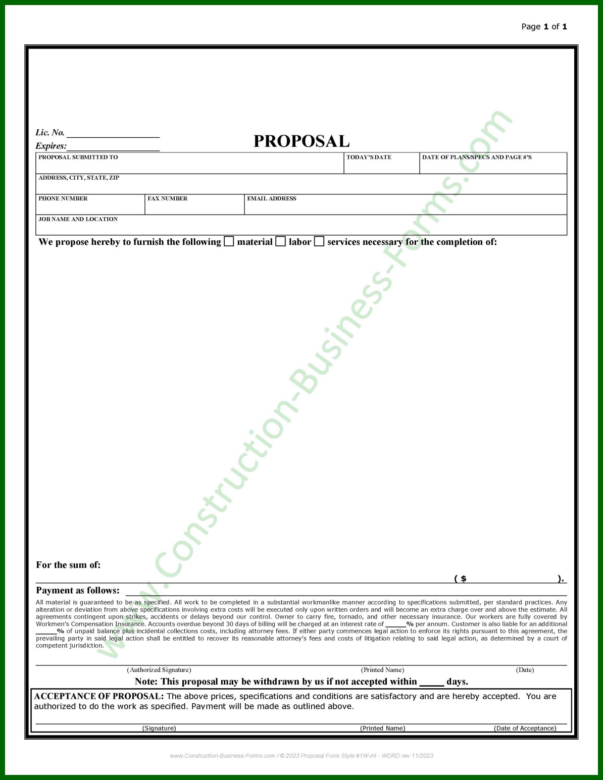 Construction Proposal Form Bid Form
