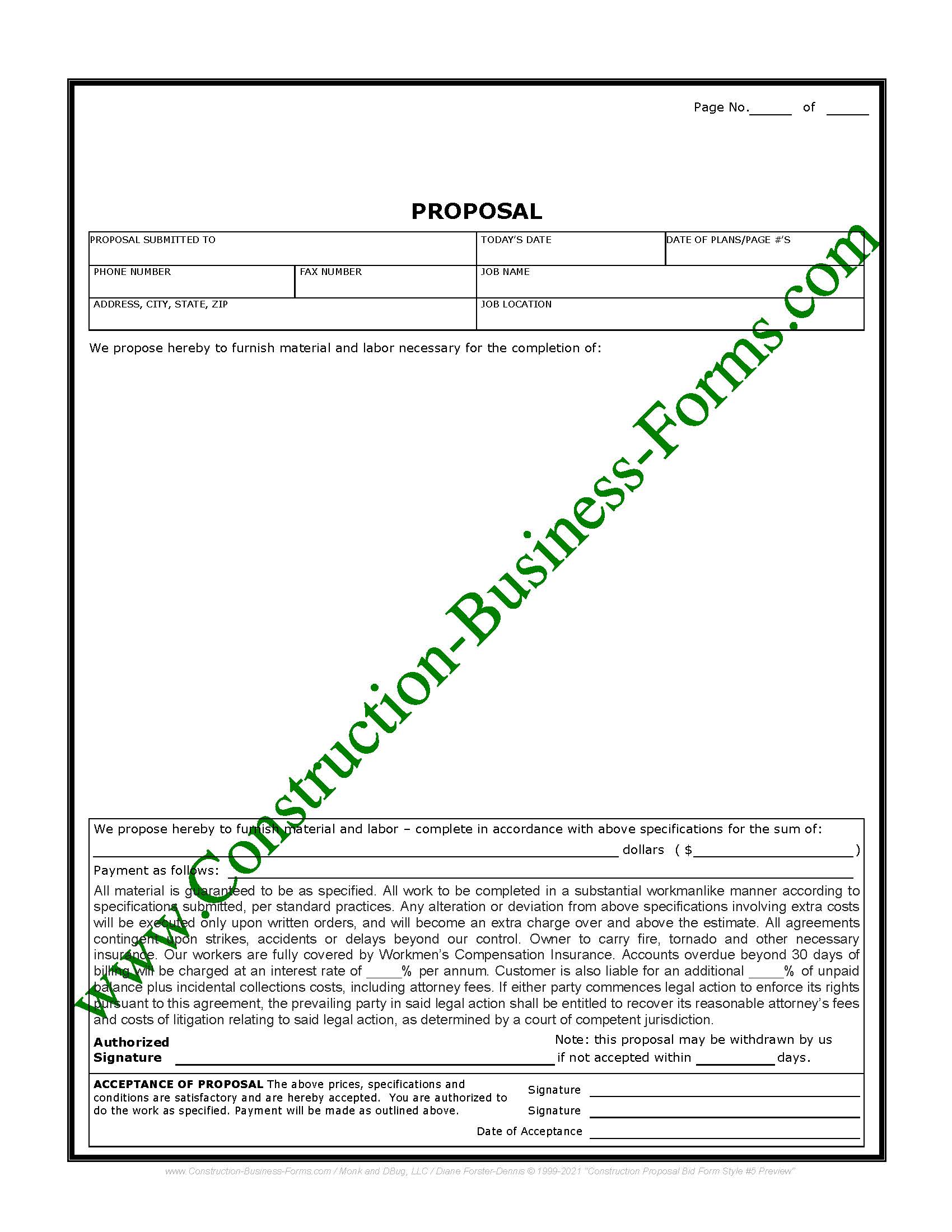 Construction Proposal Form Bid Form