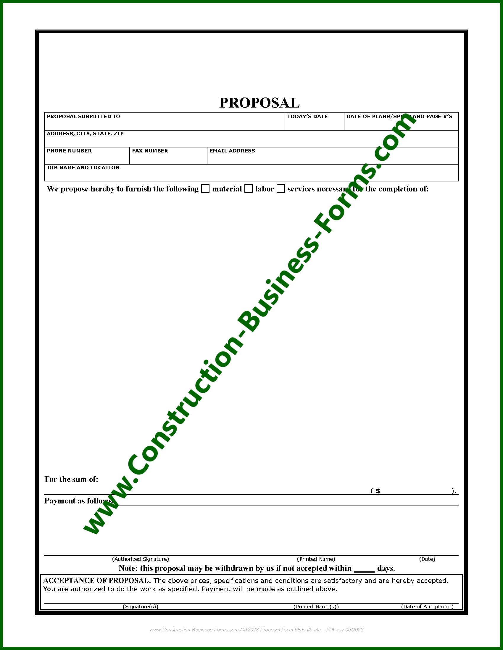 Construction Proposal Form Bid Form