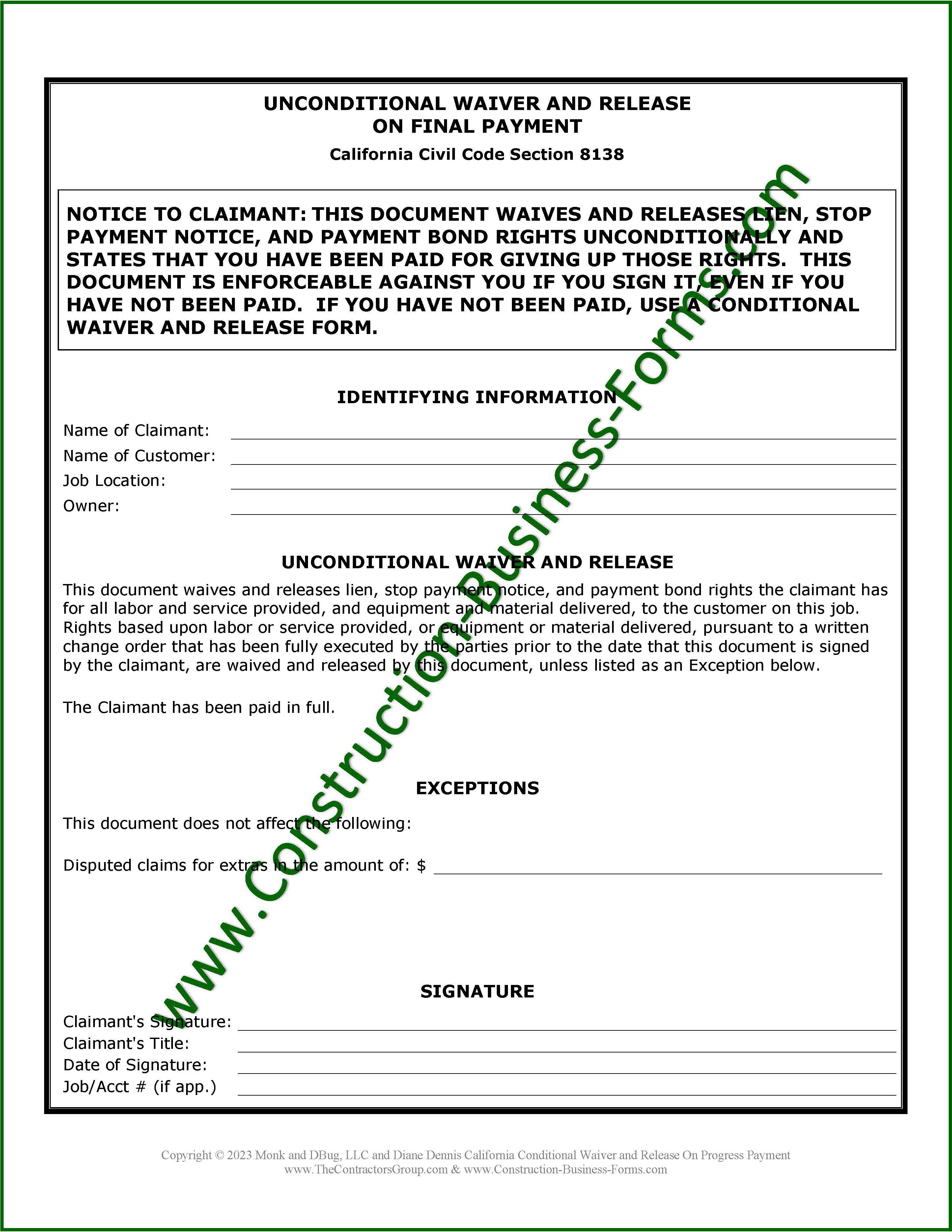 Image of Unconditional Lien Waiver Release On Final Payment form for California
