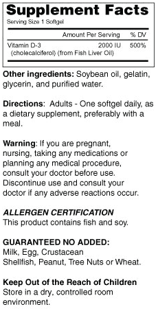 Vitamin D 2000 IU Supplement Facts