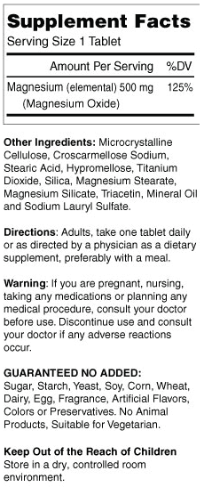 Magnesium 500 mg Extra Strength Supplement Facts