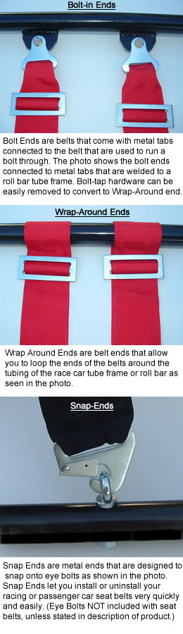 Compare Pyrotect 5 point and 6 point racing harness restraints choice of bolt-in, wrap-around and snap ends