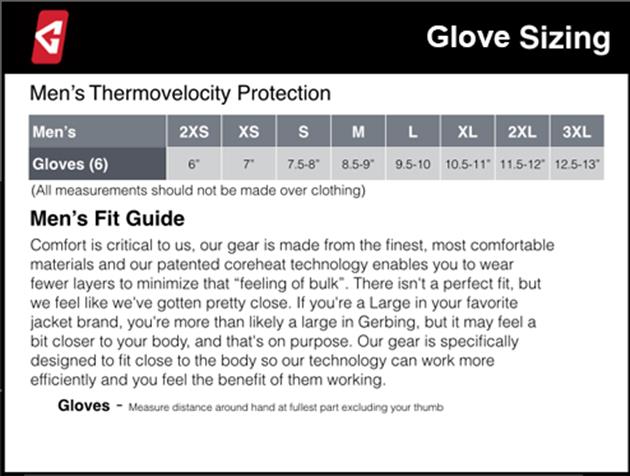 Gerbing's Men's Glove Sizing