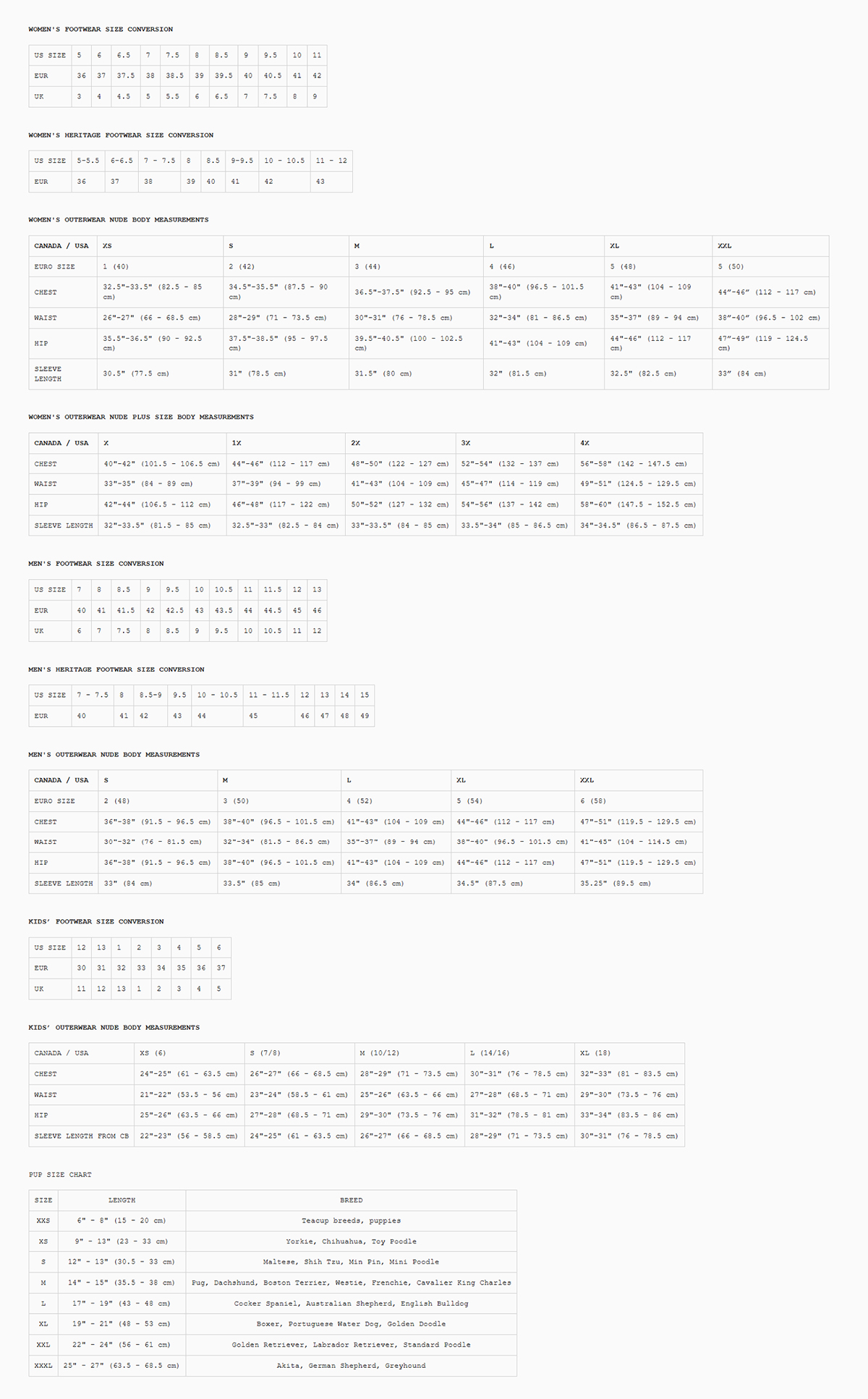 Pajar Size Chart