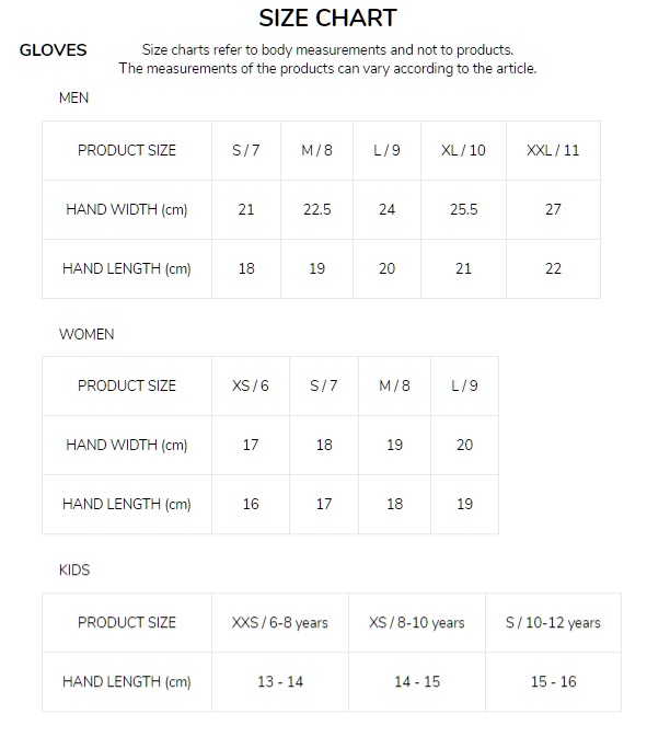 racer gloves size chart