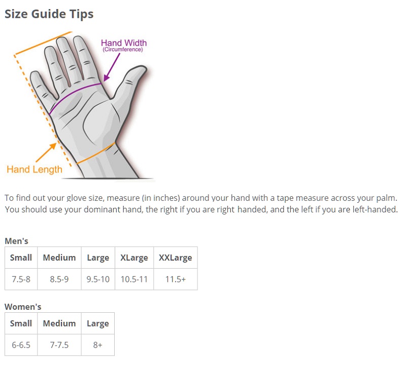 swany gloves size chart