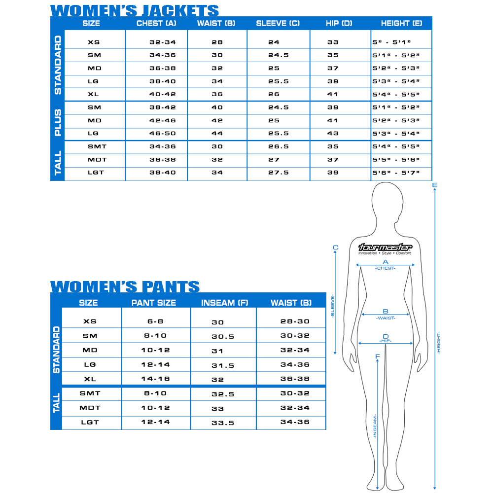 tourmaster womens size chart