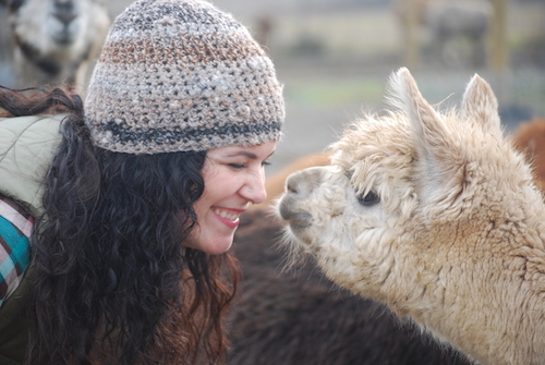 Sara, wearing a handmade alpaca hat, touching noses with Caroline, the alpacar