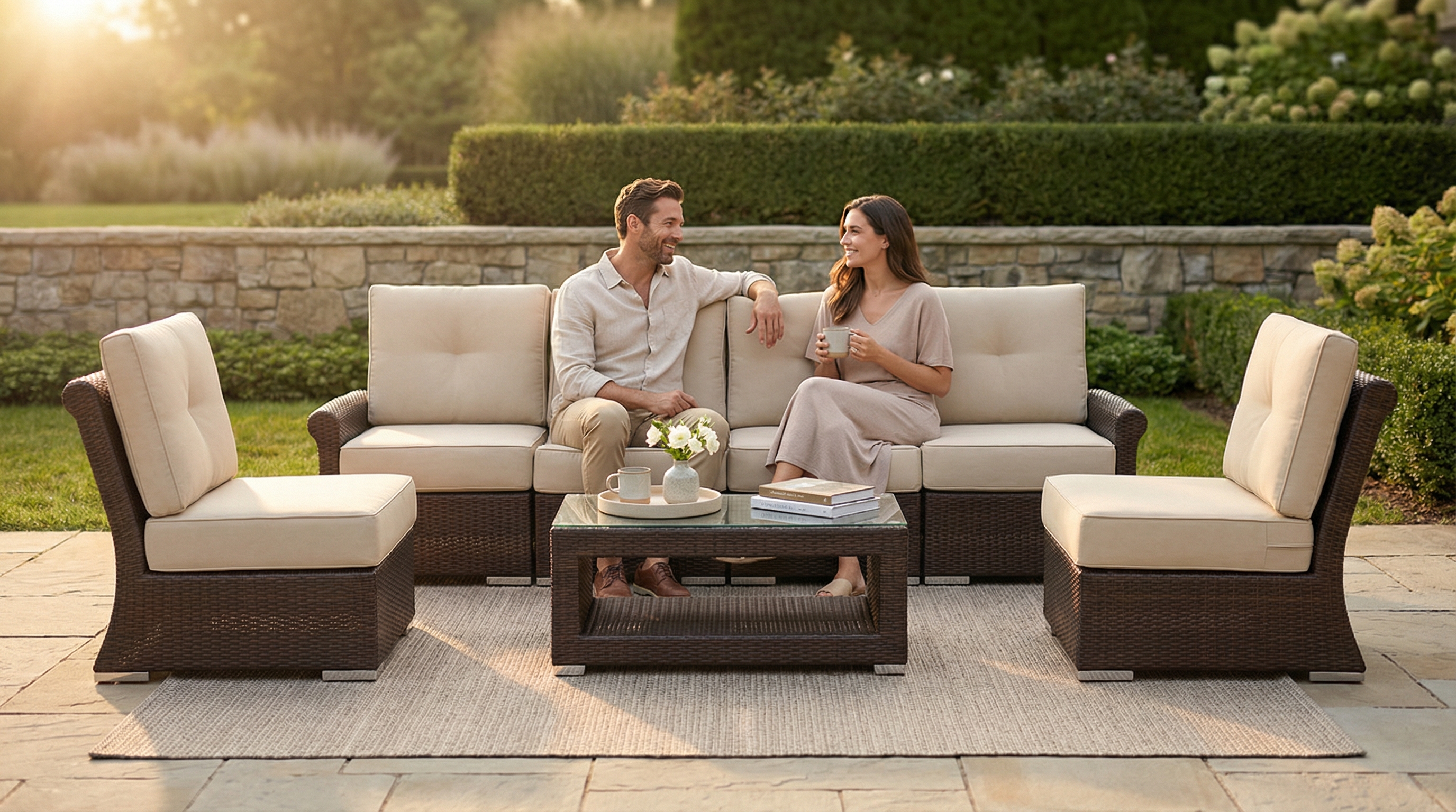 OHANA！！！ Ohana Outdoor Patio Wicker Furniture 7-Piece Luxury Seating Set