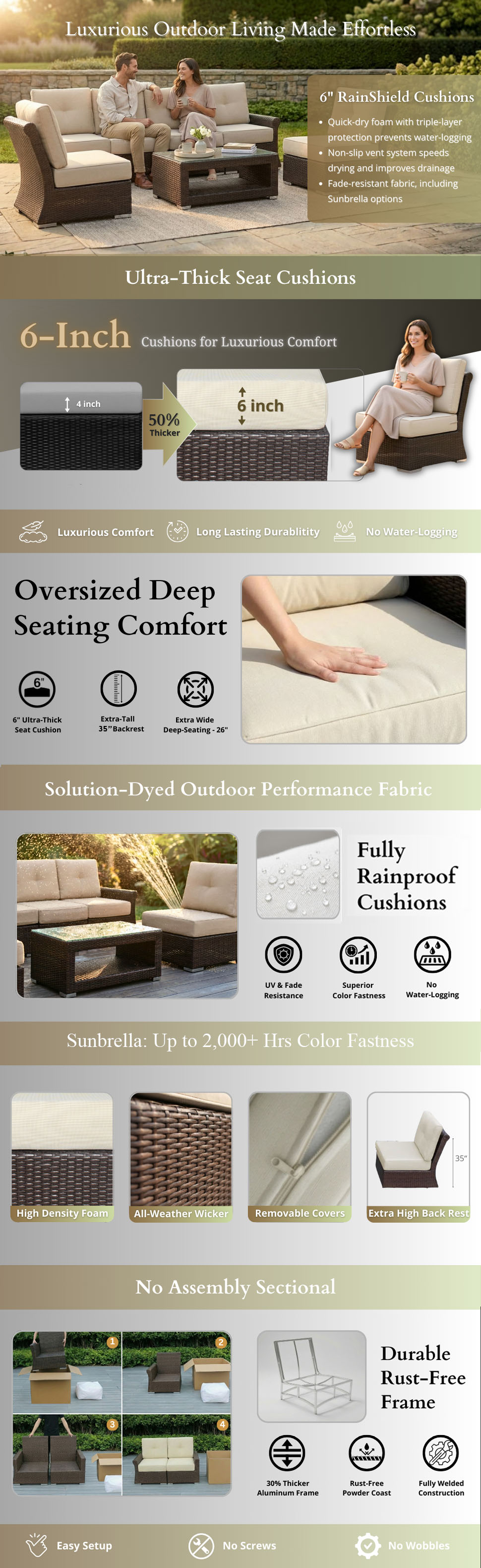 OHANA！！！ Ohana Outdoor Patio Wicker Furniture 7-Piece Luxury Seating Set