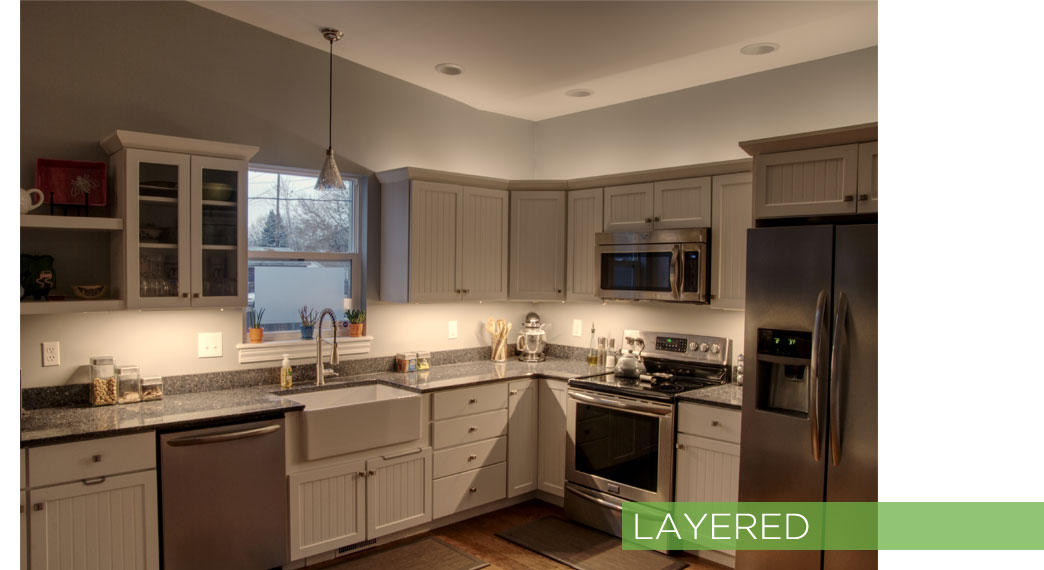 Creative layered lighting in a kitchen