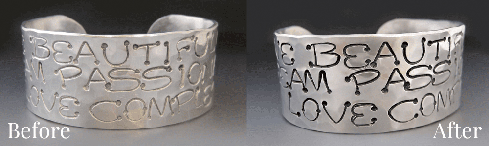 Before and after example of faded hand stamped lettering being darkened