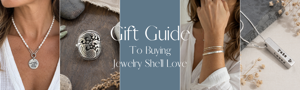 Woman wearing a necklace, hoop earrings and cuff bracelet - jewelry gift guide for her