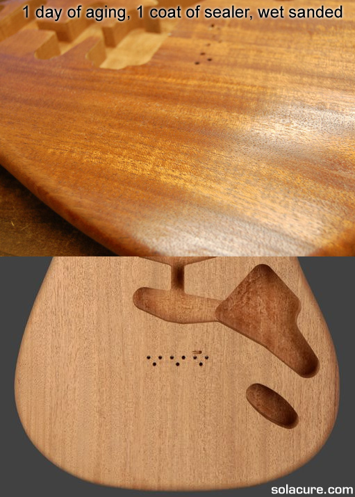 aging a guitar with ultraviolet, mid way through