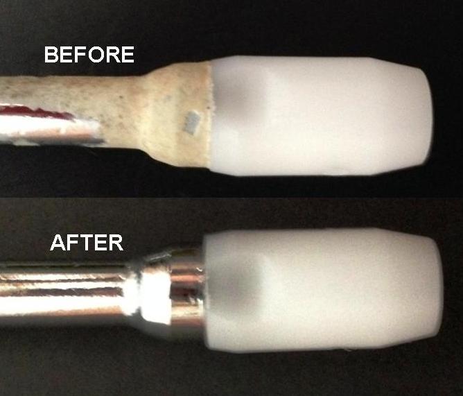 A steam wand shown before and after using Rinza